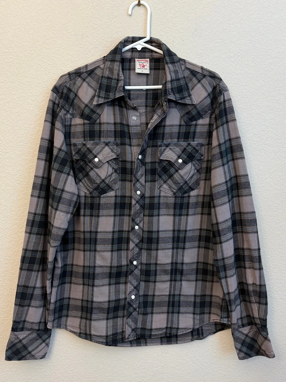 True Religion Gray and Blue Plaid Western Shirt Sz XL